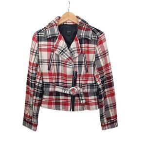 Express Women Plaid Wool Blend Moto Belted Jacket Medium Black Red Preppy Bomber